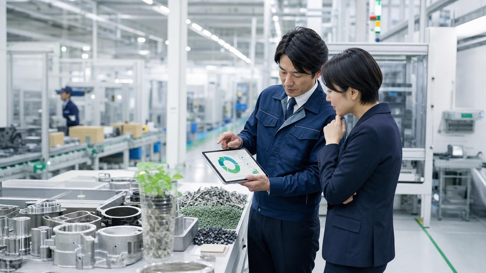 製造現場でライフサイクルデータを確認する担当者とコンサルタント